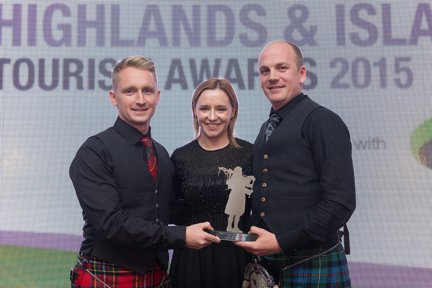2015 Highlands and Islands Tourism Awards, Drumossie Hotel, Inverness.
Winners - Best Cultural Event or Festival - Tiree Music Festival (left to right) Daniel Gillespie, Kirstin Anderson (Chivas Brothers) and Stewart MacLennan.
Picture: Callum Mackay. Image No. 031183